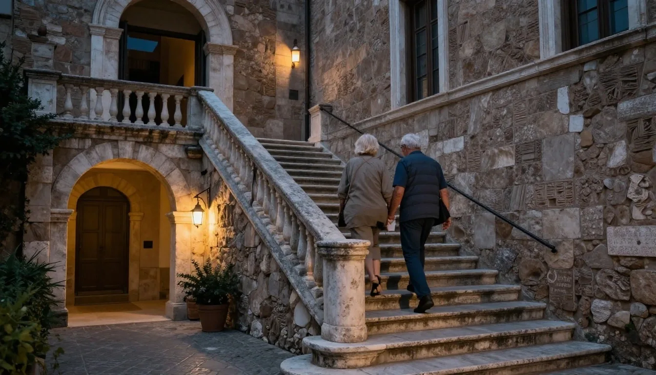 Cortile romano al tramonto con due pensionati in passeggiata