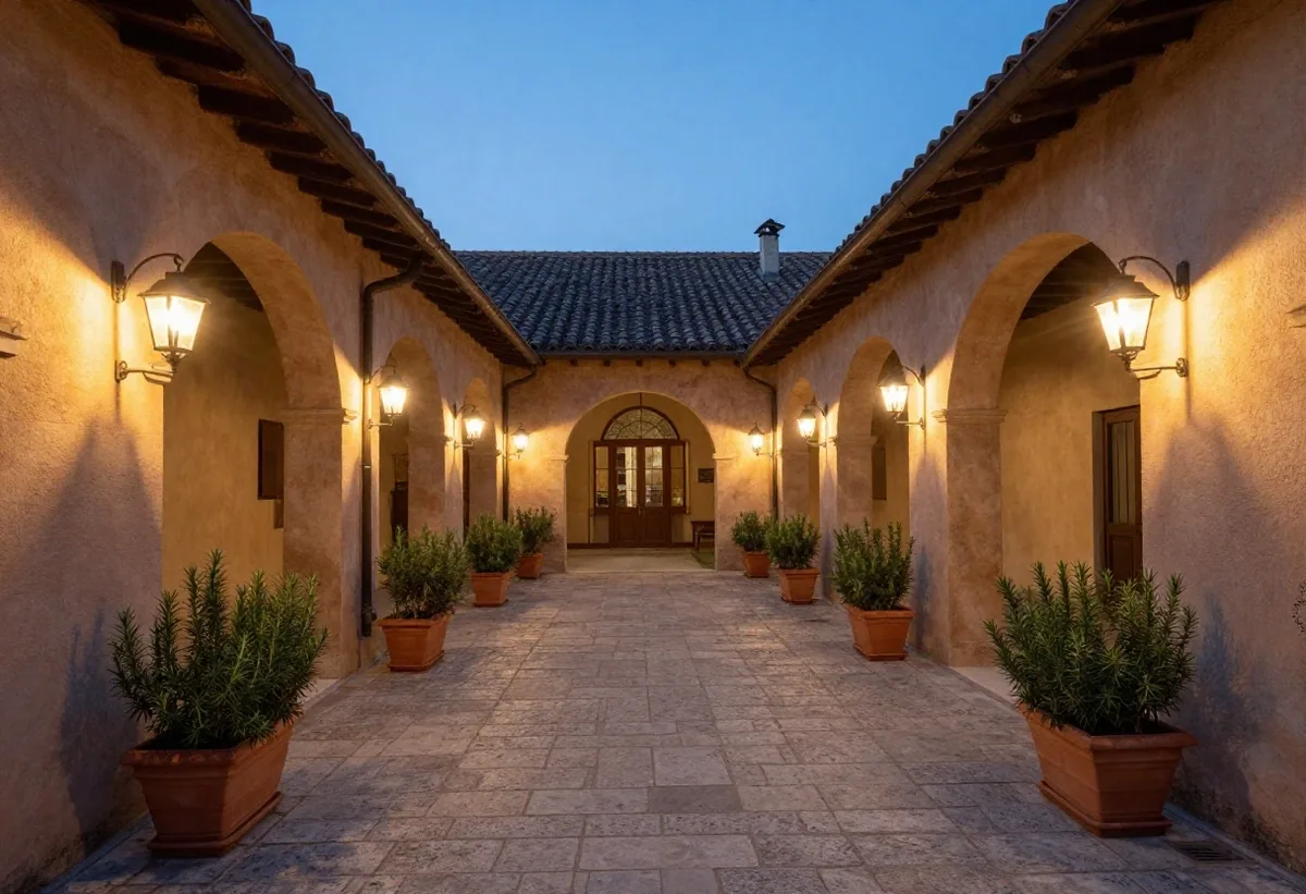 Cortile in travertino con lampade accese al tramonto