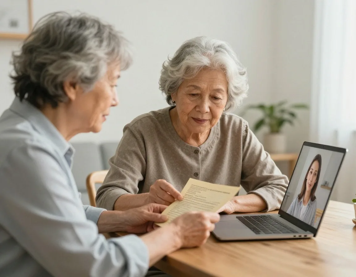 Coppia di pensionati a casa con documenti e videochiamata con familiare