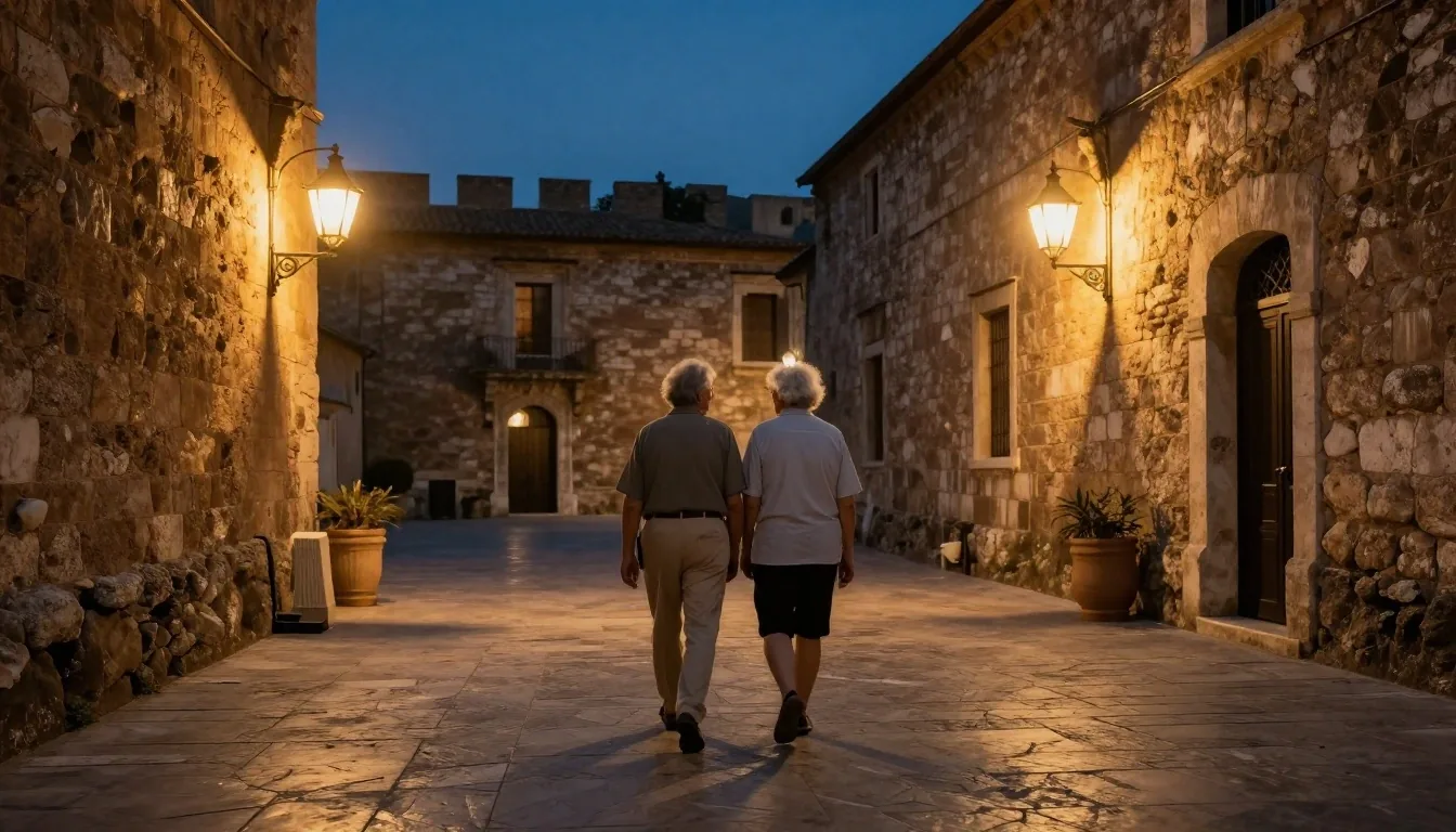 Cortile romano al tramonto con due pensionati che passeggiano