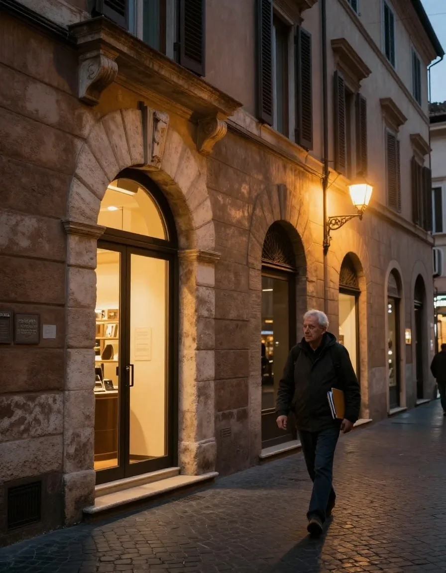 Via laterale di Roma al tramonto con facciate in pietra