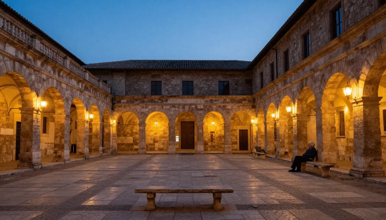 Corte in travertino a Roma al tramonto con pensionati