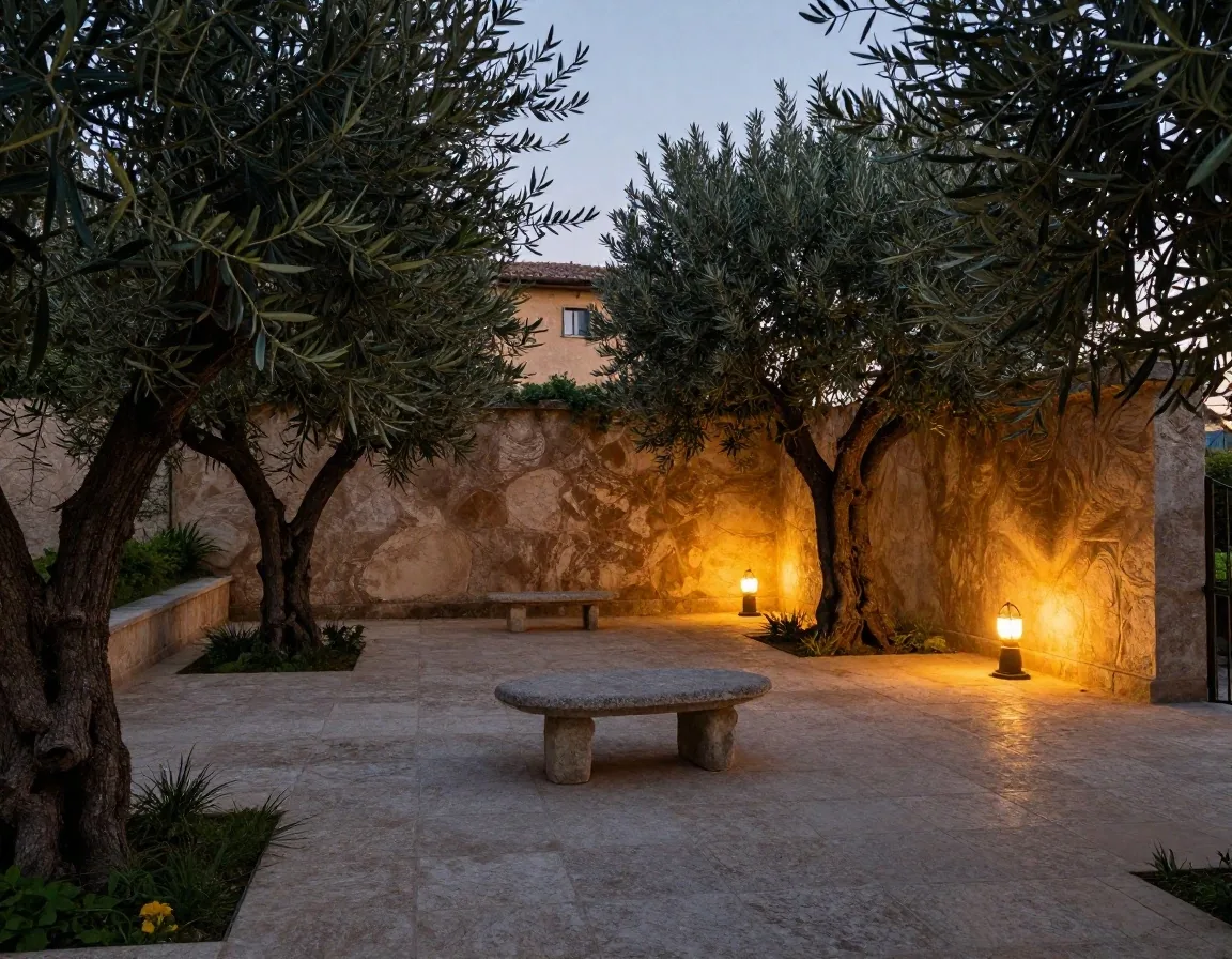 Cortile tranquillo in travertino alla sera