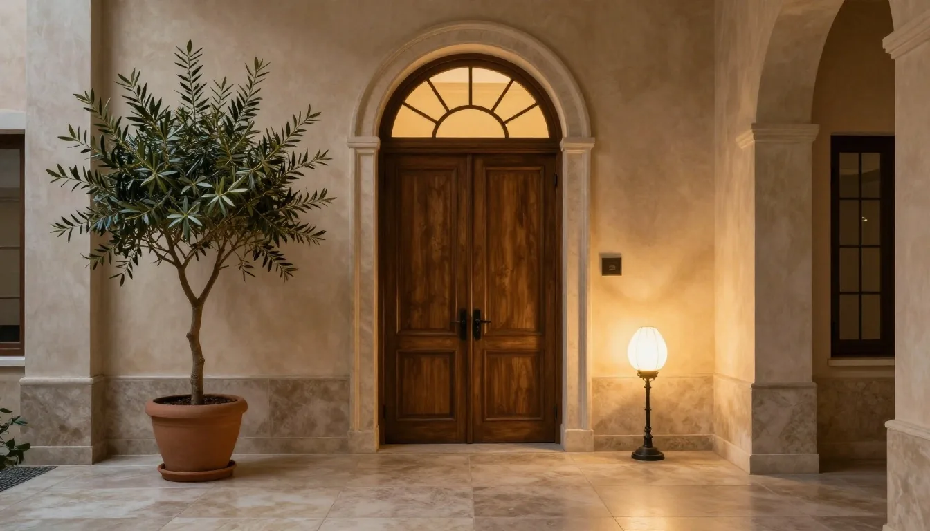 Sala di consulenza Halvero in travertino con luce calda serale