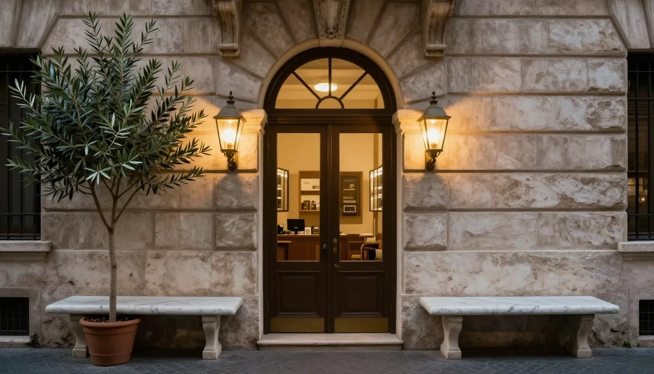 Sportello di consulenza Halvero con pratiche pensionistiche sul banco di travertino