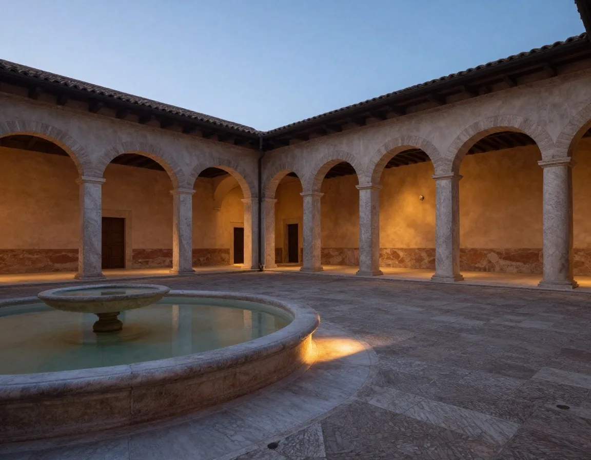 Cortile romano in travertino con lampade calde alla sera